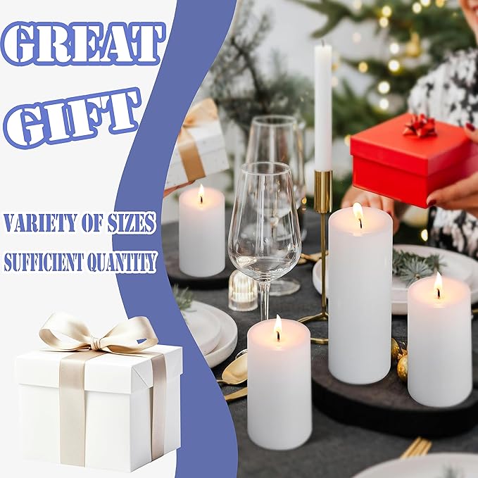 36 Pcs White Pillar Candles Bulk Set，Hurricane Candles，3 Different Lengths (12 Each)，Dripless Unscented Smokeless，Gives You a Better Atmosphere When Organizing an Event Party.