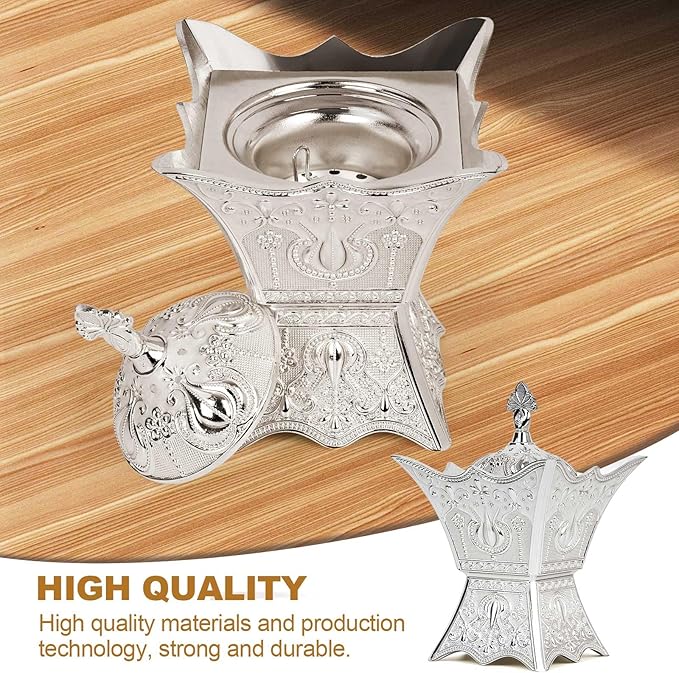 Bakhoor Incense Burner, Charcoal Incense Burner - for Yoga, Spa Aromatherapy, Office & Home Decor, Trophy Shape (Silver)