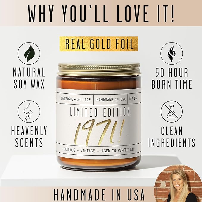 54th Birthday Gifts for Women - 'Limited Edition 1971' Soy Candle, w/Champagne on Ice I 54 Birthday Gifts for Women I 54th Gift for Her Ideas I 9oz Reusable Jar, 50Hr Burn, Made in USA