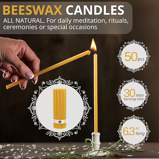 Danilovo Smudging Kit – 5 Palo Santo Sticks, 1 White Sage Smudge Stick and 50 pcs Beeswax Taper Candles Set for Meditation, Cleansing, and Spiritual Practices, Handcrafted, Eco-Friendly