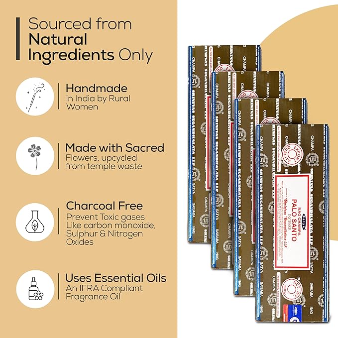 Satya Nag Champa Palo Santo Incense Sticks 250 gmx 4 Pack (1000 GMS), Insenses with Raajsee Insence Holder Bundle, Nag Champa Natural Incense