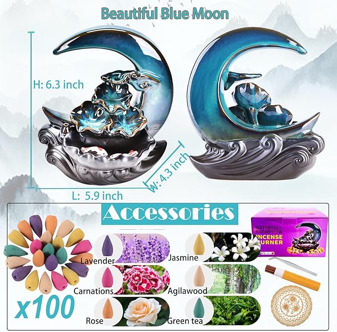 New Moon Backflow Incense Holder, Ceramic Hand-Made Incense Fountain Burner with 100 Backflow Incense Cones，Fragrance Incense Stick，Mat，Aromatherapy Home Decoration