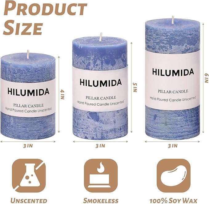 Blue Pillar Candles Set of 3 - Hand-Poured Unscented Candles,Smokeless Dripless Candles for Dinner Table and Home, Set of 3 in Different Sizes (3"x4", 3"x5", 3"x6")
