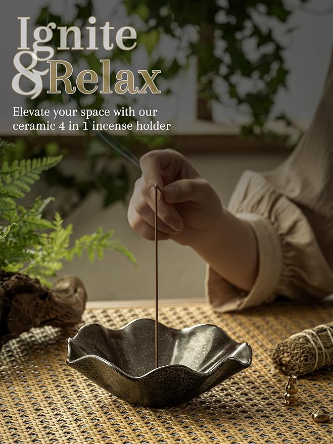 6 Inch Incense Holder with 3 Copper Incense Sockets Lotus Incense Holder for Sticks Modern Insence-Stick Holder for Meditation, Yoga, SPA, Home Decor, Black