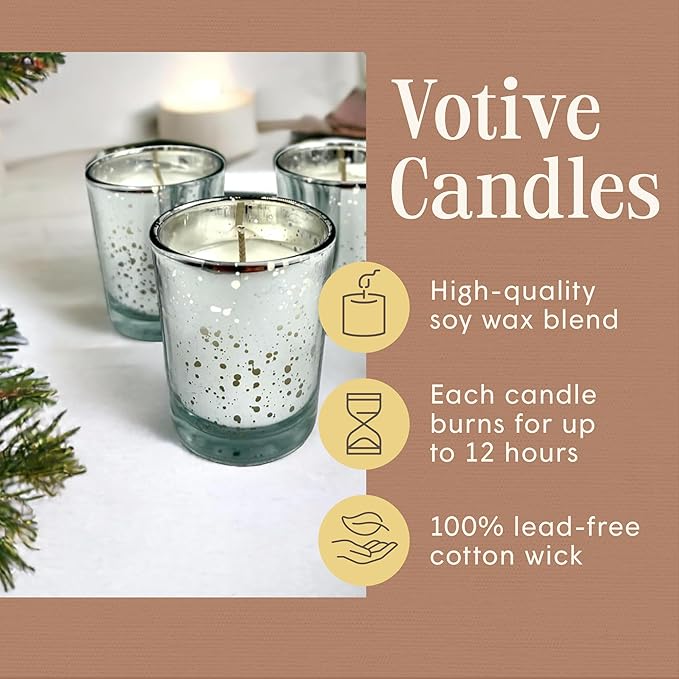 Mister Candle Pine Scented Holiday Votives Candles, Scented in Mini Artisan Silver Jars, Christmas Candles with Essential Oils Made in USA, 15 Hr Burn Time, (Mistletoe, Set of 12)