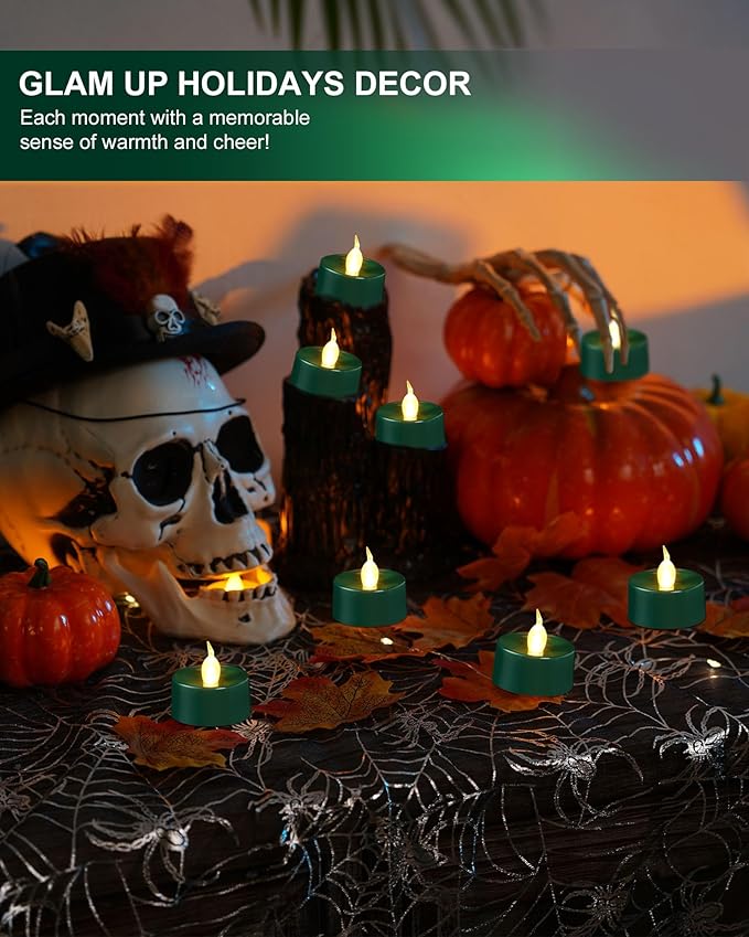 BEICHI Green Flameless Candles, 24-Pack LED Tea Lights Candles Battery Operated, Electric Fake Tealight Candles, Votive Candles Bulk for Halloween, Christmas, Party, Mardi Gras