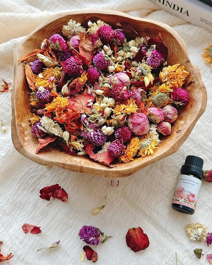 Fall Potpourri Bowl Filler, Rose Scented Potpourri Dried Flowers with Rose, Calendula, Chamomile, Jasmine, Lily, Peony,Albizia,Gomphrena, Pink Decorative Bowl Filler for Home Fragrance, Hostess Gift