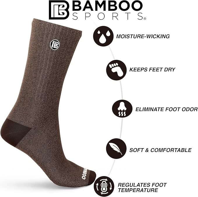 Bamboo Sports Premium Bamboo Crew Work Socks- Moisture Wicking, Odor Eliminating