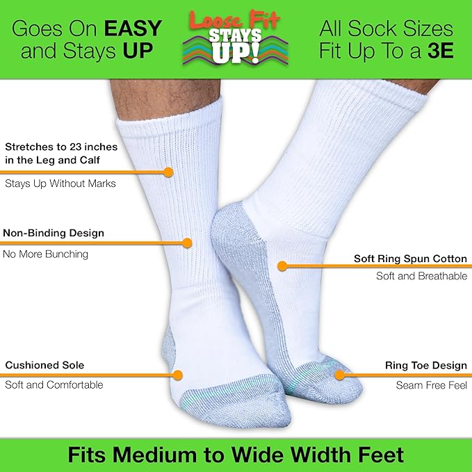 Loose Fit Stays Up Men's and Women's Casual Crew Socks (Pack of 3) Made in USA! Cushioned Sole