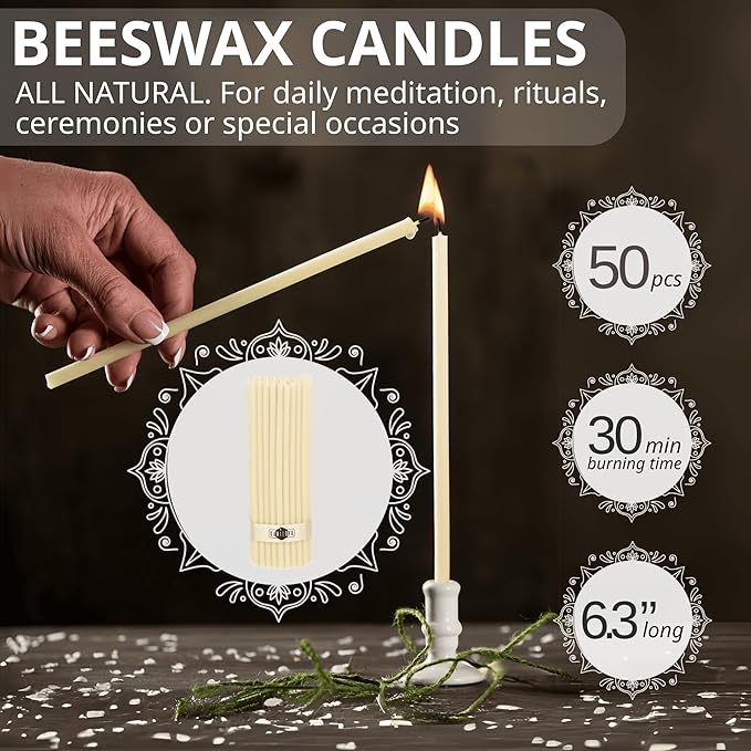 Danilovo Smudging Kit – 5 Palo Santo Sticks, 1 White Sage Smudge Stick, 50 Beeswax Taper Candles & Ceramic Candle Holder Set for Meditation, Cleansing, and Spiritual Practices