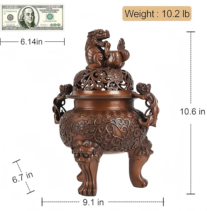 Top Brass Incense Burner & Holder Censer - Handmade for Home Decor, Meditation Decor, Spiritual Gifts, Zen Decor, Suitable for Incense Coil and Incense Cones,Chinese New Year Decoration (Large)