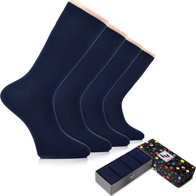 Hugh Ugoli Men's Cotton Dress Socks for Business & Trouser, Thin & Seamless Crew Socks, 4 Pairs with Gift Box, Shoe Size 8-12