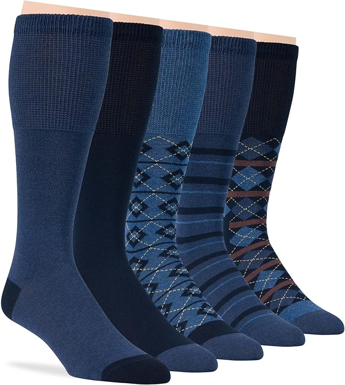 7BigStars Men Diabetic Loose Dress Business Cotton Mid Calf Socks - 5 Pack Big Tall - Geometric, Argyle, Stripe - Sock Size 13-15 Shoe Size 12-15 XL Dark Navy, Denim Blue