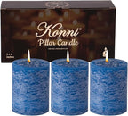 KONNI Blue Pillar Candles Set of 3, 3"x 4" Unscented Pillar Candles Bulk, 39 Hours Long Burning Candles, Smokeless & Dripless Round Candle for Wedding, Home Decoration, Parties, Spas, Dinner