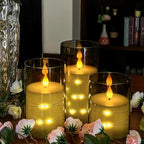Flameless Candle with String Light, Battery Powered Candle, Recessed String LED Candle, Indestructible Plexiglass Candles with Remote Control, Set of 3, Gray