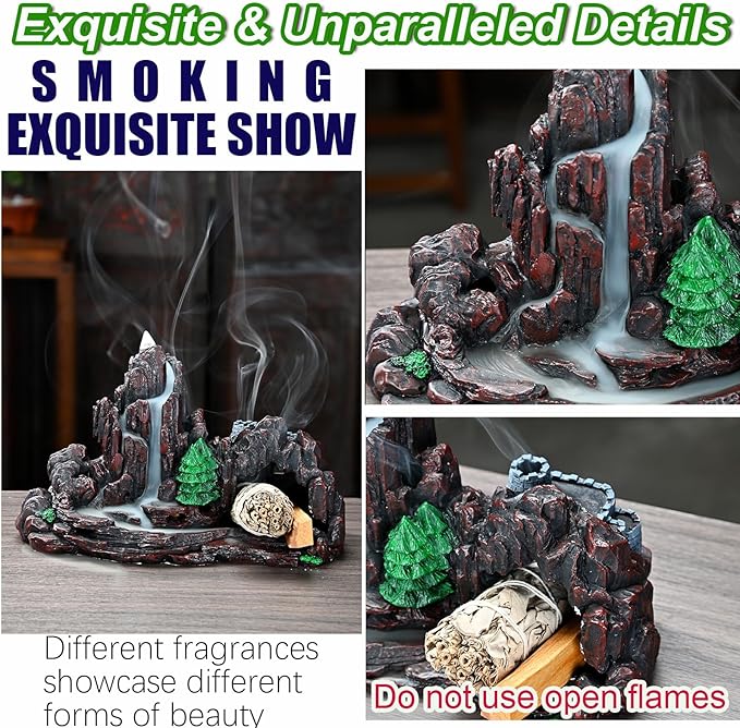 Mountain Waterfall Incense Burner，Backfall Incense Holder River, Incense Falls Meditation Decor for Room with Upgrade Incense Cones and Accessories (5in1 Palo Santo)