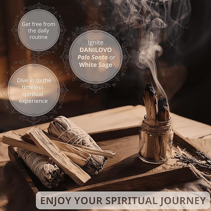 Danilovo Smudging Kit – 5 Palo Santo Sticks, 1 White Sage Smudge Stick and 50 pcs Beeswax Taper Candles Set for Meditation, Cleansing, and Spiritual Practices, Handcrafted, Eco-Friendly