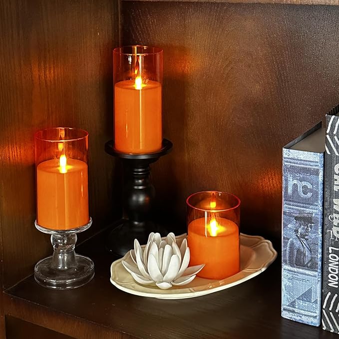 Flameless Candles, LED Candles with Remote Control and Timer, New Real Flickering 3D Wick Battery-Powered Acrylic Column Candles for Romantic Ambiences and Home Décor, Set of 3 (Orange)