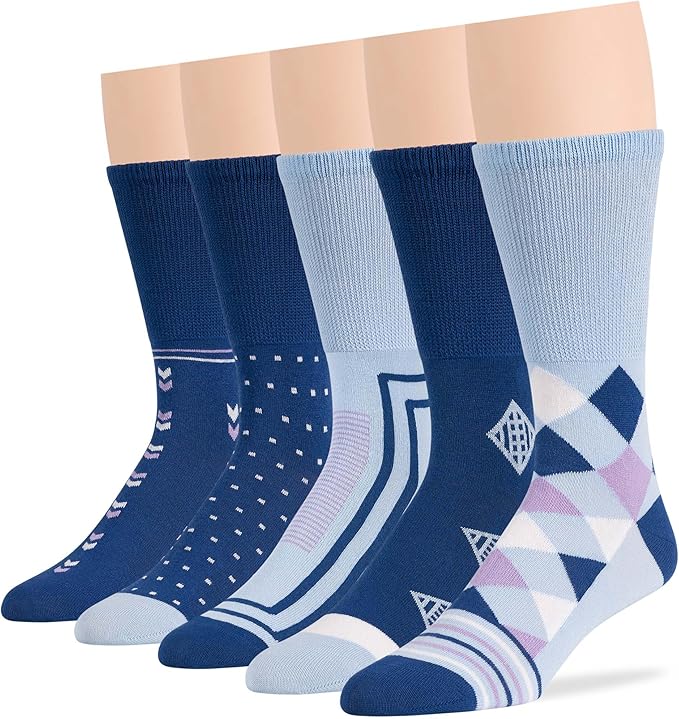 Men's Diabetic Novelty Non-Binding Crew Socks - 5 Pack Large - Argyle, Dot, Geometric Pattern - Sock Size 10-13 Shoe Size 9-12 L Denim Blue, Light Blue