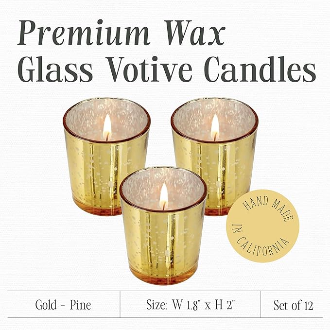 Mister Candle Pine Scented Holiday Votives Candles, Mini Artisan Gold Jars, Christmas Candles with Essential Oils Made in USA, 15 Hr Burn Time, (Mistletoe, Set of 12)