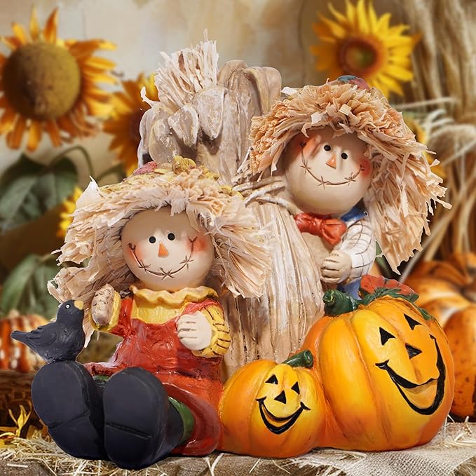Hodao Fall Thanksgiving Scarecrow Figurine Decoration, 4" Resin Scarecrow with Straw, Pumpkin & Red Bird - Fall Harvest & Thanksgiving Decor for Home, Tabletop Display