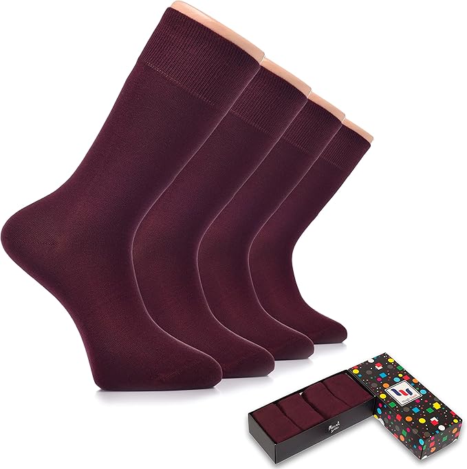 Hugh Ugoli Men's Bamboo Dress Socks for Business & Trouser, Thin & Seamless Crew Socks, 4 Pairs with Gift Box, Shoe Size 8-12