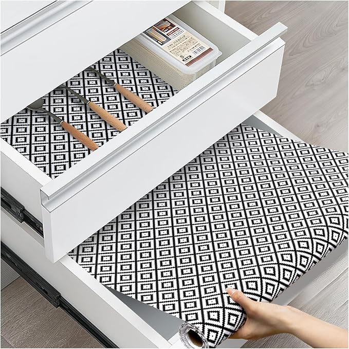 Drawer and Shelf Liner, Non-Slip Kitchen Cabinet Liners Non-Adhesive Thick Strong Grip Waterproof Washable Mats Protect Dresser Shelves Cupboard Bathroom Cabinets, Black & White, 12 in X 20 FT