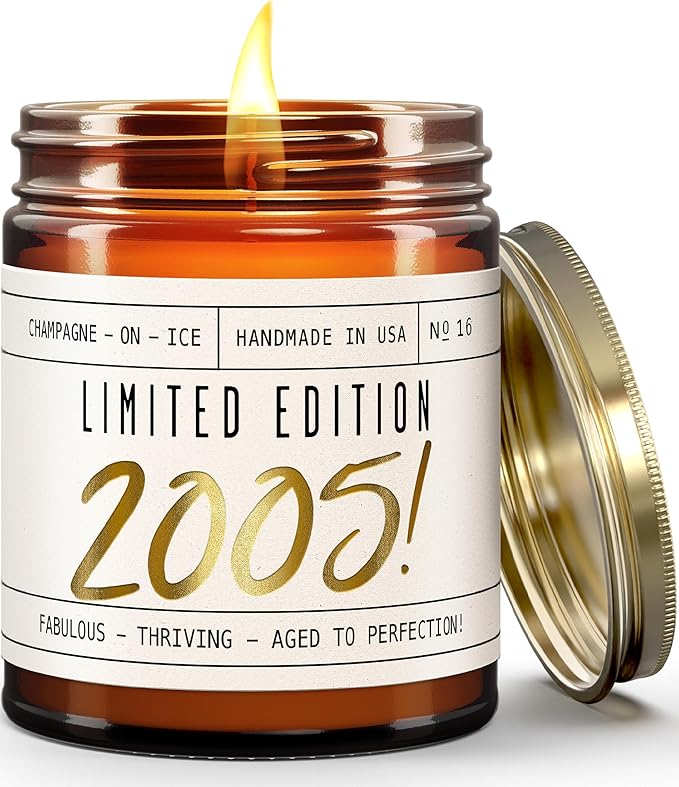 20th Birthday Gifts for Women - 'Limited Edition 2005' Soy Candle, w/Champagne on Ice I 20 Birthday Gifts for Women I 20th Gift for Her Ideas I 9oz Reusable Jar, 50Hr Burn, Made in USA