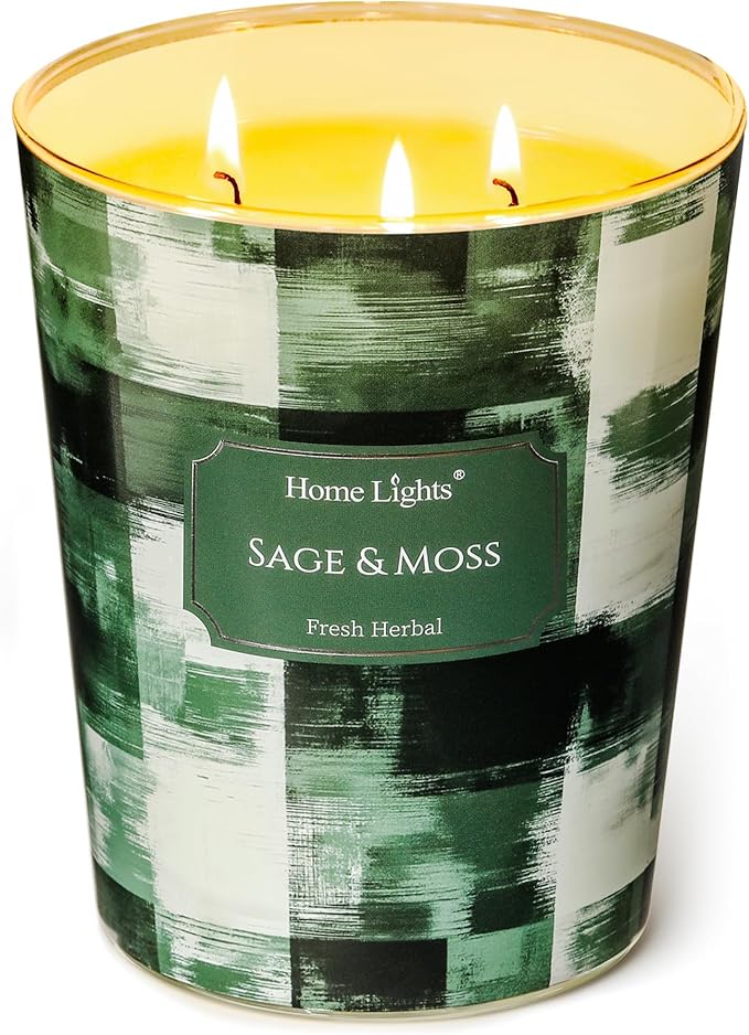 HomeLights 3-Wick Candles for Home Scented - 34oz Soy Wax Blend Candle Long-Lasting Fragrance, Scandinavian Minimalist Design Home Decor and Housewarming Gifts, Sage & Moss
