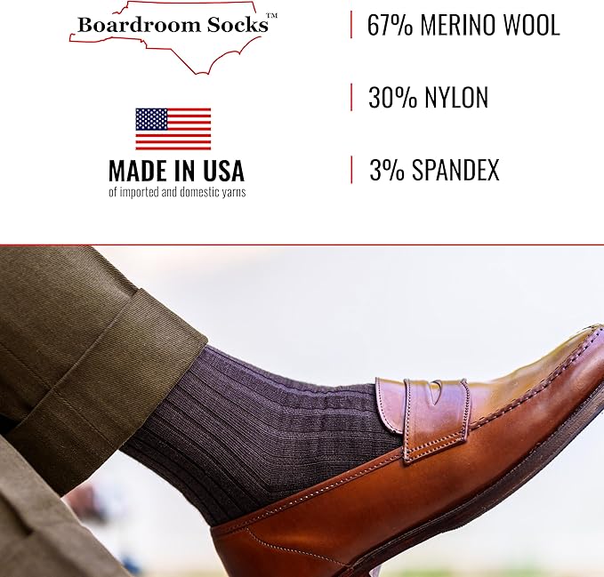 Merino Wool Mid-Calf Dress Socks for Men, Ribbed Dress Socks