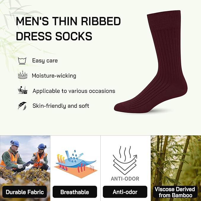 SERISIMPLE Men's Dress Socks - Bamboo Viscose Thin Ribbed Knit, Silky & Soft, Lightweight Business Crew Socks 5 Pairs