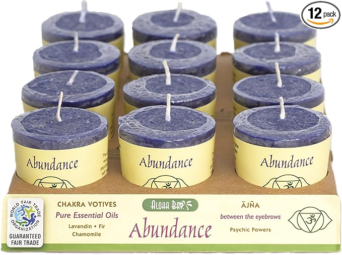 Premium Scented Hand Made Chakra Energy Candle | Votive 12-pack | Abundance, Ajna| Yoga, Prayer & Meditation Candle | Long Burn |Essential Oils Lavender, Fir, Chamomile | Aloha Bay