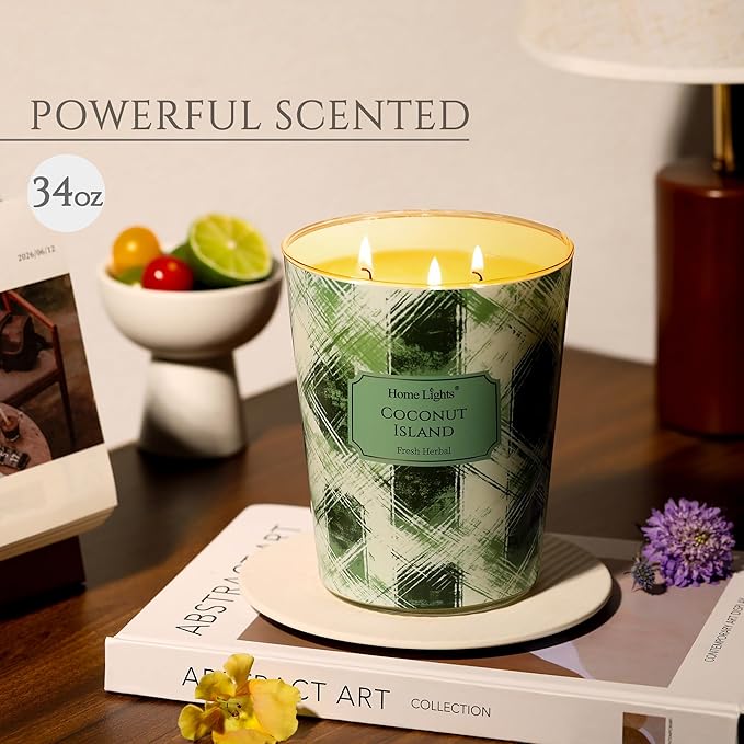 HomeLights 3-Wick Candles for Home Scented - 34oz Soy Wax Blend Candle Long-Lasting Fragrance, Scandinavian Minimalist Design Home Decor and Housewarming Gifts, Coconut Island