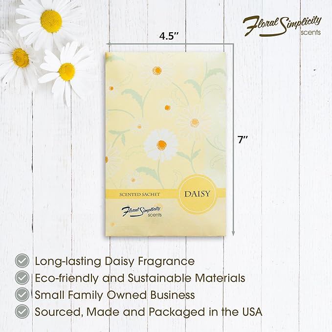Daisy Scented Sachets Pack of 3, Spring and Summer - Long-Lasting Scented Bags, Home Fragrance, Air Freshener & Deodorizer for Closet, Room, Drawer, or Cars, Made in USA