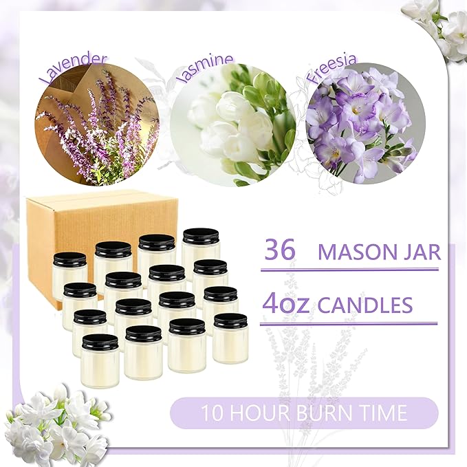 ACITHGL 36 Pcs 4oz Mini Mason Jar Candles Small Scented Candles Bulk Aromatherapy Ideal Souvenir Favors for Wedding Birthday Party (Freesia, Lavender, Jasmine, Black)