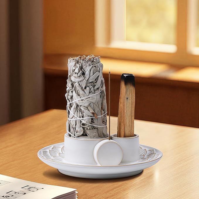 4 in 1 Incense Holder, Ceramic Incense Stick and Palo Santo Holder,Sage Holder for Burning- 5.5" Ceramic Ash Catcher Tray for Meditation and Yoga Room (White)
