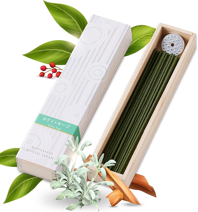 Hasegawa Hyakurakuko Premium Japanese Sandalwood Incense - Long Type, 40 Sticks with Aluminum Holder, 20-30 Min Burn Time, Made in Japan 線香 百楽香 (White Sage)