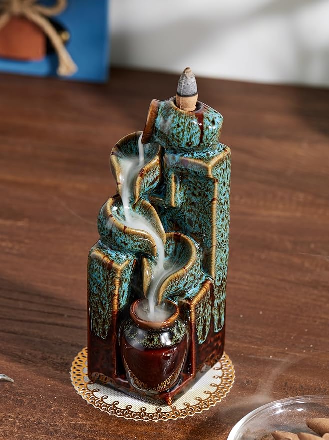 Unique Cascading Basins Ceramic Waterfall Incense Holder, Paired with a Pack of Backflow Incense Cones. (Fambe Blue)