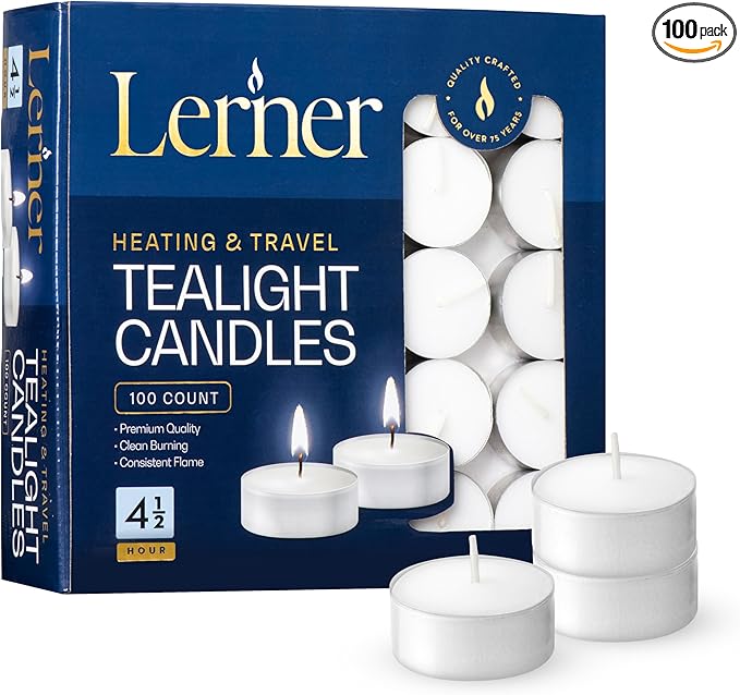 Lerner Tealight Candles, 100 Count| 4.5 Hours Long-Burning White Tea Light Candles| Non-Toxic, Smokeless & Soot-Free Tea Light Warmer Candles | Unscented Party, Décor, Shabbat Tea Candles
