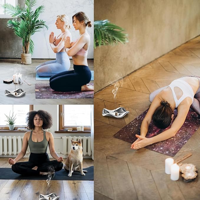 6.7 "Ceramic Incense Burner for Incense/Coil,Wavy Base with Brass -Incense Holder for Sticks,with Ash Catching Bowl for Meditation Yoga and Home Decoration (Silver)