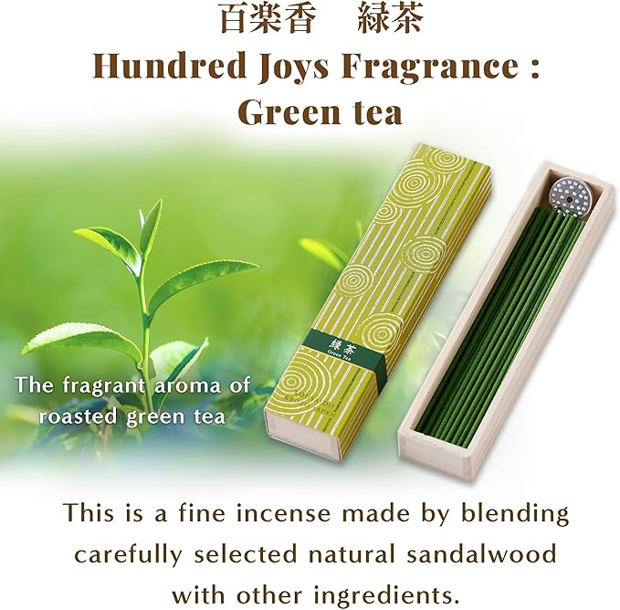 Hasegawa Hyakurakuko Premium Japanese Sandalwood Incense - Long Type, 40 Sticks with Aluminum Holder, 20-30 Min Burn Time, Made in Japan 線香 百楽香 (Green Tea)