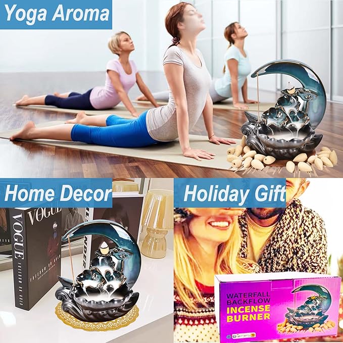 New Moon Backflow Incense Holder, Ceramic Hand-Made Incense Fountain Burner with 100 Backflow Incense Cones，Fragrance Incense Stick，Mat，Aromatherapy Home Decoration