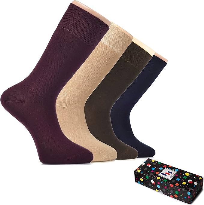 Hugh Ugoli Men's Bamboo Dress Socks for Business & Trouser, Thin & Seamless Crew Socks, 4 Pairs with Gift Box, Shoe Size 8-12