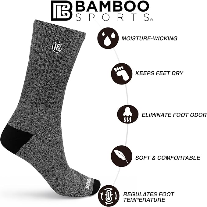 Bamboo Sports Premium Bamboo Crew Work Socks- Moisture Wicking, Odor Eliminating