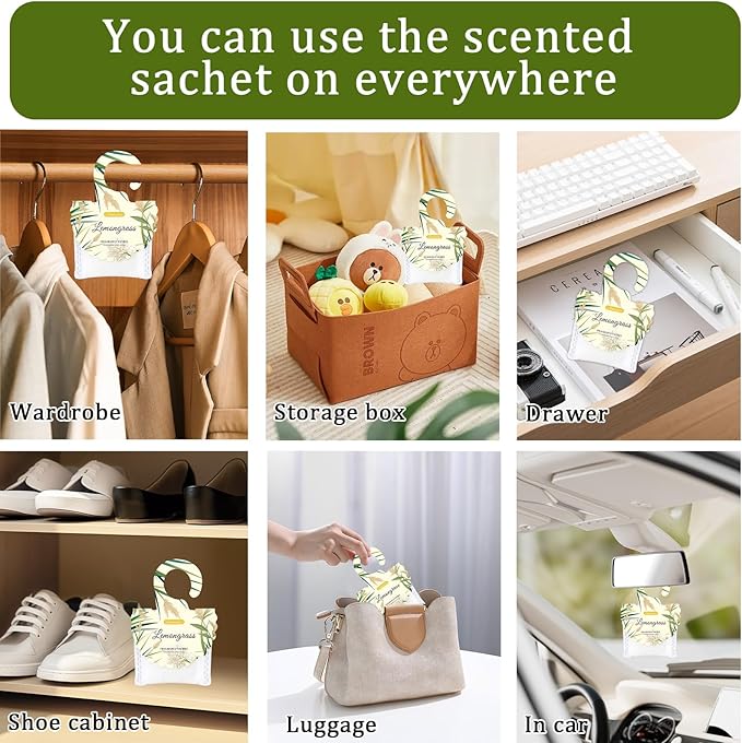 15 Packs Lemongrass Scented Sachets Bag for Drawers and Closets, Air Freshener for Home Fragrance Sachet, Long-Lasting Hanging Closet Deodorizer Smell Goods for House