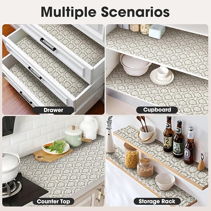 Drawer and Shelf Liner, Non-Slip Kitchen Cabinet Liners Non-Adhesive Thick Strong Grip Waterproof Washable Mats Protect Dresser Shelves Cupboard Bathroom Cabinets, Boho: Beige, 18 in X 20 FT