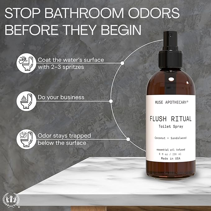 Muse Apothecary Flush Ritual - Aromatic & Refreshing Toilet Spray, Use Before You Go, 8 oz, Infused with Natural Essential Oils - Coconut + Sandalwood, Pack of 3