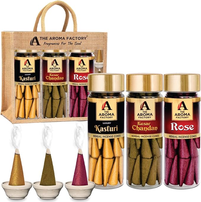 The Aroma Factory Organic Incense Dhoop Cones 3x30 Cones Jute Gift Set with Holder (Royal Luxury)