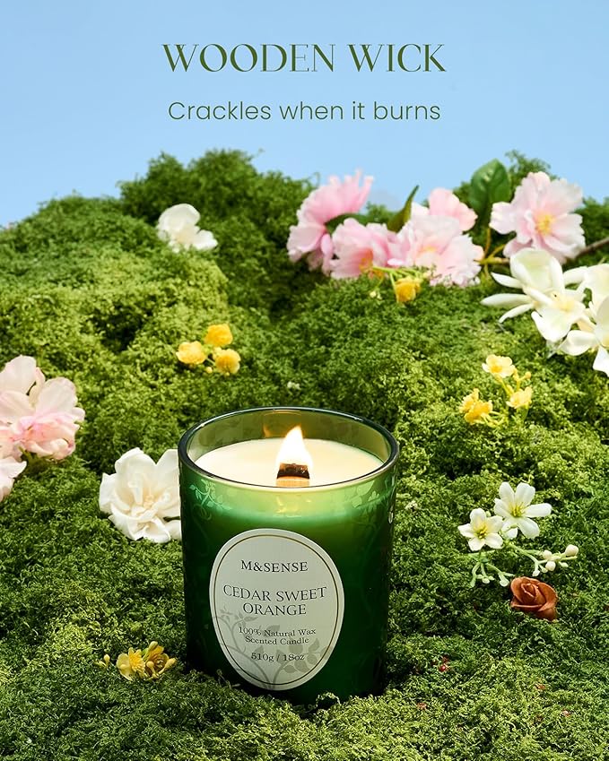 M&SENSE Cedar Orange Candles, Wooden Wick Strong Scented Candle, 100 Hours Long Burning No Toxin Natural Soy Wax 18oz, Cozy Air Purifying Relaxing Home Fragrance, Housewarming Gifts for Her Him