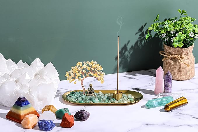 Jovivi Crystal Incense Holder for Sticks, Citrine Healing Crystal Stone Money Tree Buddha Statue Set Incense Burner, Incense Trays for Wealth, Good Luck,Yoga Meditation Home Decor